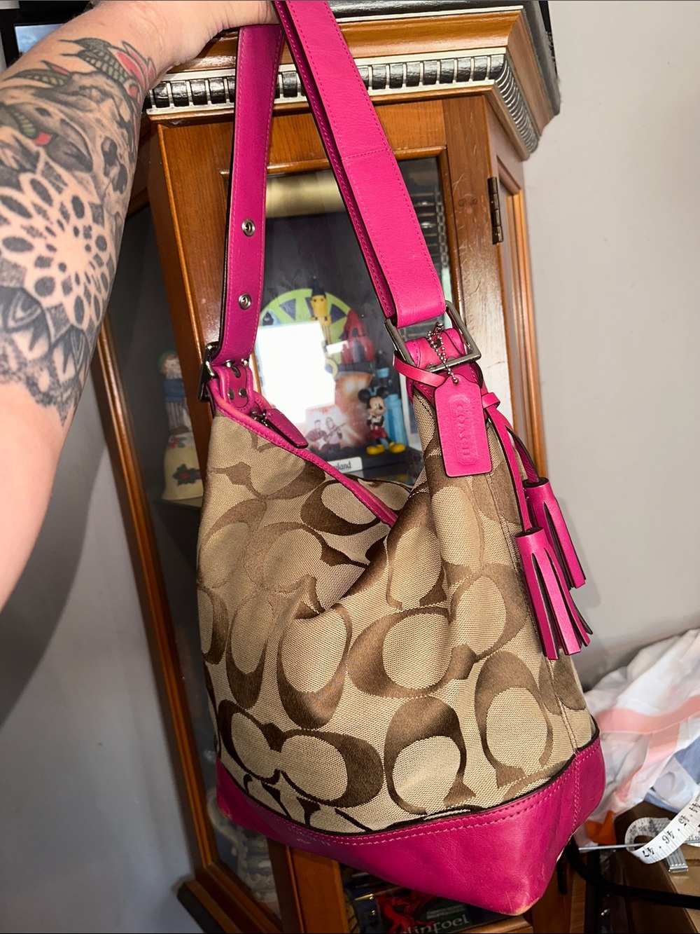 Coach Brown Signature Canvas Hobo with Hot Pink Leather Trim